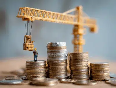 Why Do Construction Projects Go Over Budget? 1 A miniature crane and worker stand among stacks of coins, symbolizing construction costs — Why Do Construction Projects Go Over Budget article