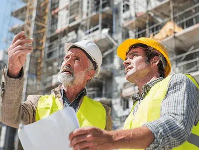 Why Do Construction Projects Go Over Budget? 2 Two construction workers review plans and point toward a building under construction — Why Do Construction Projects Go Over Budget article