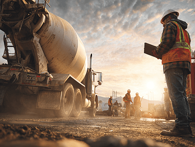 A concrete mixer truck operates at sunrise on a busy construction site, as supervisors oversee the pour and track expenses — Best Cost Control Techniques in Construction article
