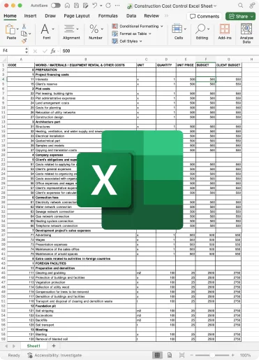 Construction Cost Control Excel Sheet