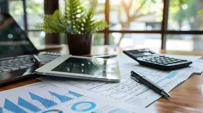 Construction Cost Controller Job Description 2 Financial workspace with charts, tablet, and calculator on a desk — Construction Cost Controller Job article