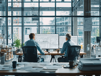 Two construction project managers analyzing cost data and budget spreadsheets on multiple monitors in a modern site office, representing practical construction cost management and real-time financial oversight