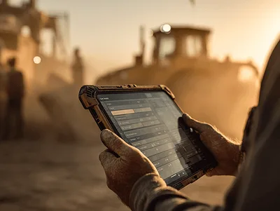 10 Ways to Track Construction Project Costs 2 A construction worker holding a rugged tablet displaying data at a dusty jobsite during golden hour — How To Track Construction Project Costs article