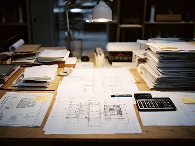 10 Ways to Track Construction Project Costs 1 A large wooden desk covered with architectural blueprints, stacks of documents, sticky notes, and a calculator under a focused desk lamp — How To Track Construction Project Costs article