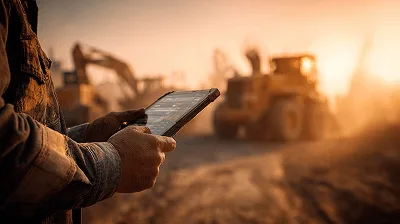 6 Reasons to Hire Subcontractors in Construction 1 A construction worker uses a tablet on a dusty job site at sunset, with heavy machinery blurred in the background and warm golden light illuminating the scene — 6 Reasons to Hire Subcontractors in Construction article
