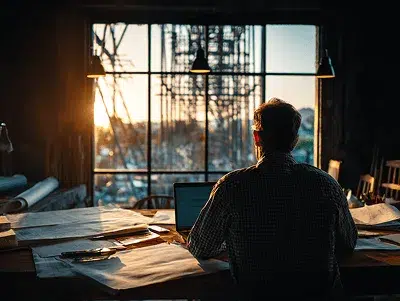 7 Tips for Avoiding Common Contractor Invoicing Mistakes In Construction 2 A contractor reviews project documents at a desk during sunset, surrounded by blueprints, tools, and a laptop overlooking an active construction site — 7 Tips for Avoiding Common Contractor Invoicing Mistakes In Construction article