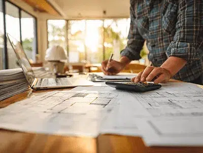 A construction professional reviews plans at a sunlit desk, using a calculator and laptop — All you Need to Know About Construction Purchase Orders article