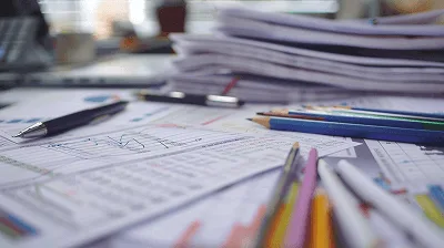 Construction Billing: Full Guide 2 A cluttered desk covered with cost sheets, invoices, and colored pencils — Construction Billing Full Guide_ Everything You Need to Know article