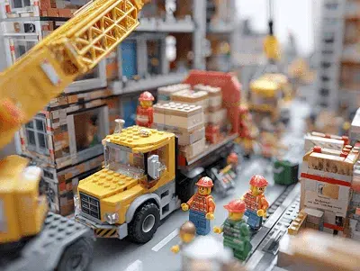 Construction Purchase Order Process 1 A LEGO construction scene with miniature workers, vehicles, and building equipment — Construction Purchase Order Process article