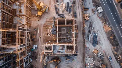 An aerial view of an active construction site showing multiple building structures, workers, and machinery, highlighting the scale and organization of the project — Construction Subcontracting FAQ image