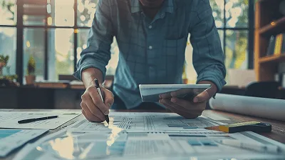 Everything You Need to Know About Construction Forecasting 2 A person reviewing plans and documents on a desk, using a tablet for calculations in a well-lit workspace — Everything You Need to Know About Construction Forecasting article