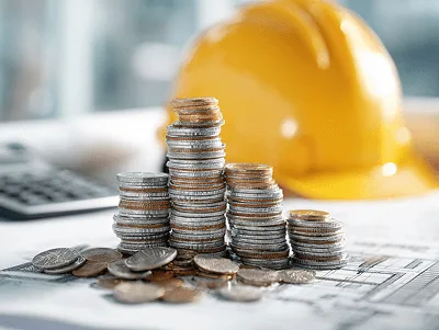 Full Guide to Construction Job Costing 1 A close-up view of stacked coins arranged on top of construction blueprints — Full Guide to Construction Job Costing article