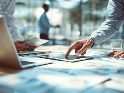 Full Guide to Construction Job Costing 2 A project team reviewing construction financials on a tablet, surrounded by documents and laptops — Full Guide to Construction Job Costing article