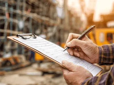 Types of Subcontractors in Construction 1 A worker fills out a checklist on a clipboard at an active construction site — Types of Subcontractors in Construction article