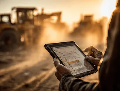 Types of Subcontractors in Construction 2 A construction worker uses a tablet to review project data in a dusty, sunlit jobsite — Types of Subcontractors in Construction article