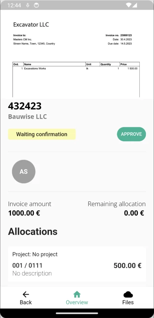 Bauwise mobile app invoice preview