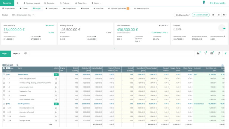 bauwise budget management view