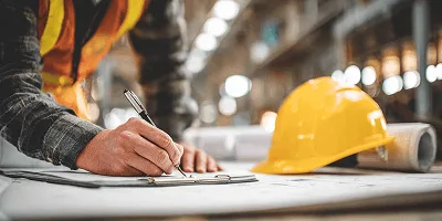 Everything to Know About a Construction Contract (2025 Official Guide) 1 A construction worker signs documents on a desk beside a hard hat and plans — Everything to Know About a Construction Contract Guide