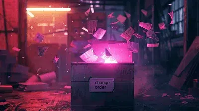 20 Best Practices On How To Improve Change Order Management in 2025 1 A dramatic scene of a “change order” box bursting with paperwork under neon lighting, symbolizing chaotic or poorly managed construction change orders — How To Improve Change Order Management in 2025 article