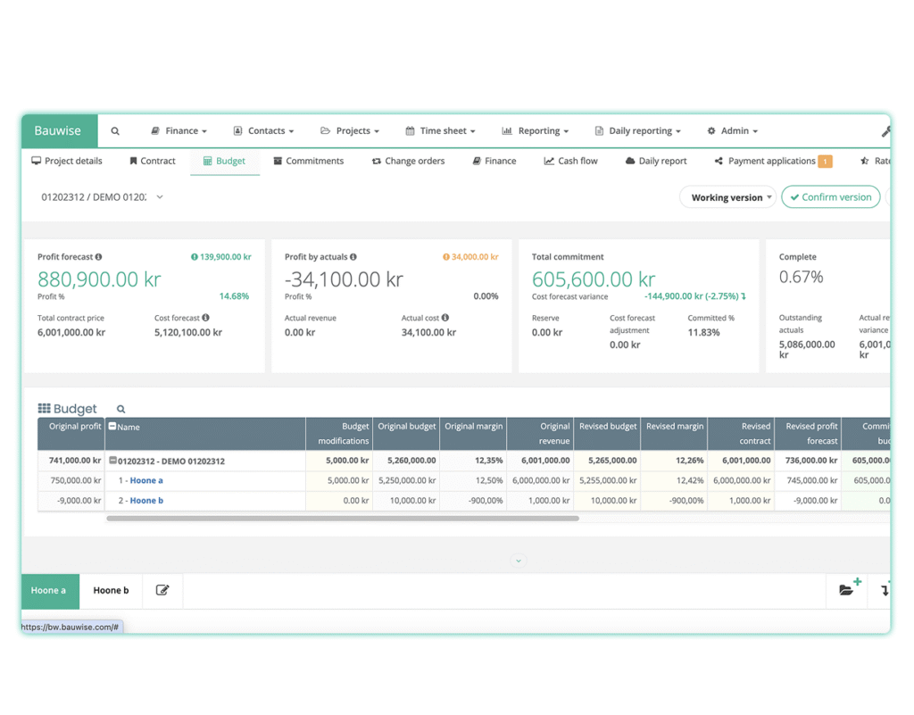 Bauwise Construction Project Profitability Monitoring​