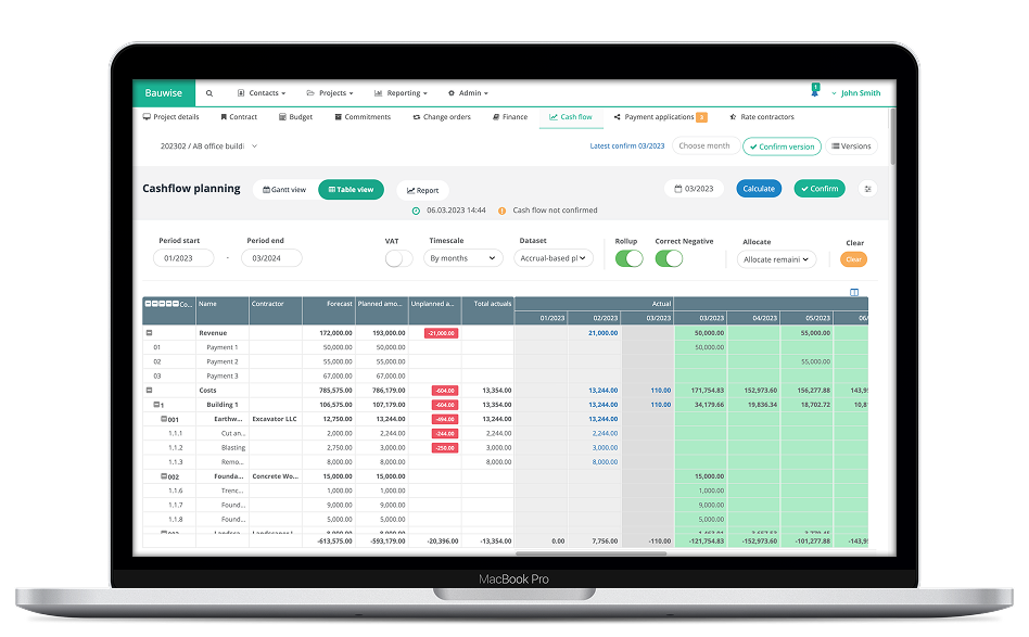 Construction Cash Flow Forecasting Bauwise Desktop UI