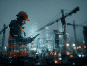 A construction quantity surveyor using a tablet on-site at night with cranes in the background, illustrating real-time cost monitoring and decision-making - featured in article dedicated to cost uncertainty in construction