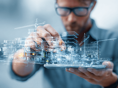 A quantity surveyor reviewing a 3D digital model of a construction project on a tablet, representing modern data-driven cost control  - featured in article dedicated to cost uncertainty in construction