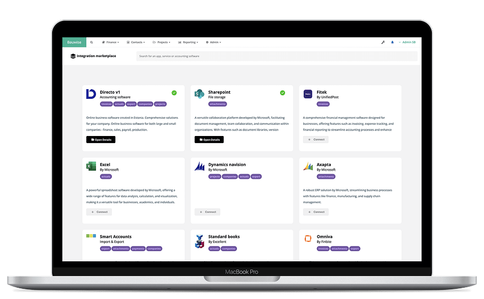 ERP & Accounting Software Integration Bauwise software capabilities UI