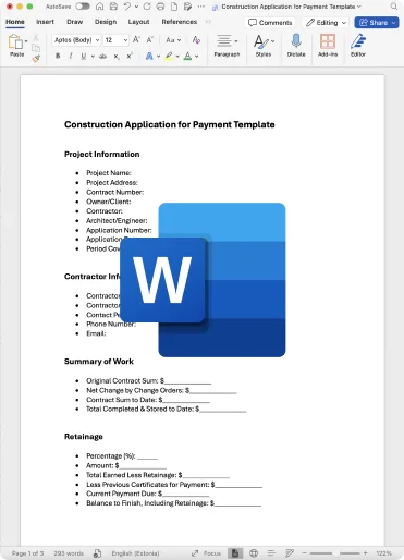 Construction Application for Payment Template Word