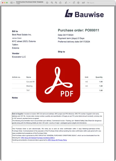 Construction Purchase Order Template PDF