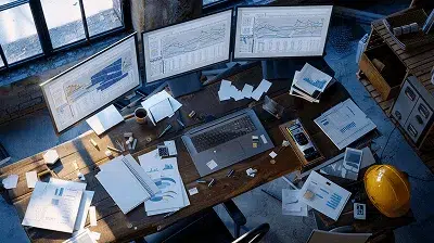 Office workspace with multiple computer screens displaying financial charts and spreadsheets, surrounded by construction documents, hard hat, and tools – how synced ERP and accounting software data can unlock real-time construction cost control article