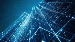 Close-up view of a modern building structure visualized through glowing blue digital grid lines and nodes – how synced ERP and accounting software data can unlock real-time construction cost control article