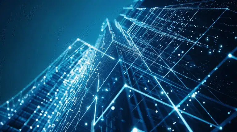 Close-up view of a modern building structure visualized through glowing blue digital grid lines and nodes – how synced ERP and accounting software data can unlock real-time construction cost control article