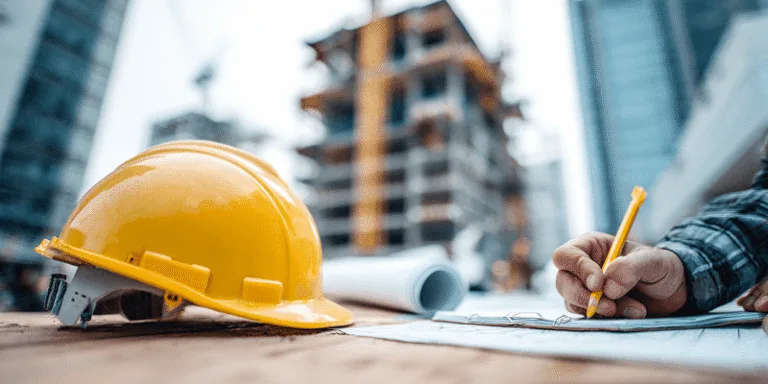 Blog 9 A hard hat and blueprints lie on a work surface as a person marks plans at a construction site — 10 Strategies to Track Construction Project Costs and Increase Profitability article