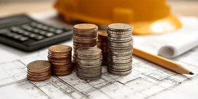 10 Strategies to Track Construction Project Costs and Increase Profitability 1 Stacks of coins and a calculator rest on architectural drawings, symbolizing cost tracking — 10 Strategies to Track Construction Project Costs and Increase Profitability article