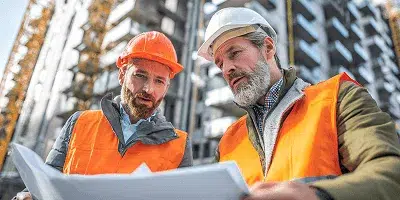 10 Strategies to Track Construction Project Costs and Increase Profitability 2 Two construction managers review plans together on an active site — 10 Strategies to Track Construction Project Costs and Increase Profitability article