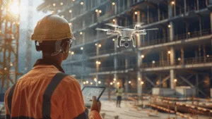 Construction Cost Management for Owners 55 A construction professional uses a tablet while a drone inspects an active building site — Managing Costs Across the UK Construction Lifecycle_ Risk, Contingency and Stage-Based Cost Control cover