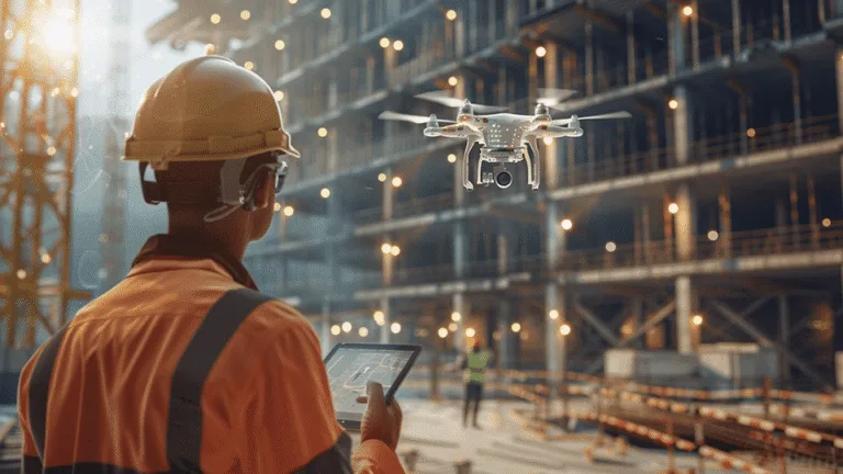 A construction professional uses a tablet while a drone inspects an active building site — Managing Costs Across the UK Construction Lifecycle_ Risk, Contingency and Stage-Based Cost Control cover