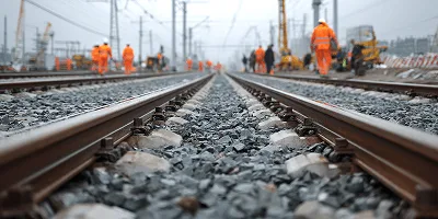 10 Strategies to Track Construction Project Costs and Increase Profitability 3 Railway tracks under construction with workers in high-visibility gear operating along the line