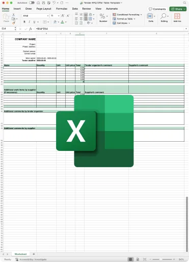 Tender RFQ Table Template Excel