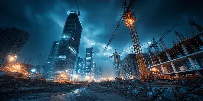 Construction Cost Management Trends in 2026: Market Reset and the Commercial Control Loop 2 Construction Cost Manage2026 Market Reset and the Commercial Control Loop — Night-time construction site with cranes and high-rise buildings under dramatic blue lighting