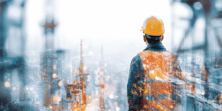 Construction Cost Management Trends in 2026 — back view of a worker in a yellow hard hat and safety vest overlooking a city skyline, with a modern double-exposure effect