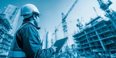 Construction Cost Management Trends in 2026: Market Reset and the Commercial Control Loop 1 Construction Cost Management Trends in 2026_ Market Reset and the Commercial Control Loop — Construction worker wearing a hard hat, using a tablet at an active building site