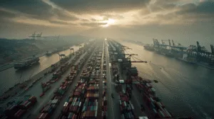Bauwise Construction Cost Management Software 59 Major Infrastructure Projects article - Aerial view of a large container port with stacked shipping containers, cranes, and cargo vessels at sunset, representing global infrastructure and supply chain scale